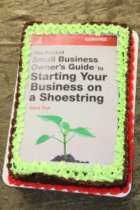 Shoestring Startup book cover on a cake