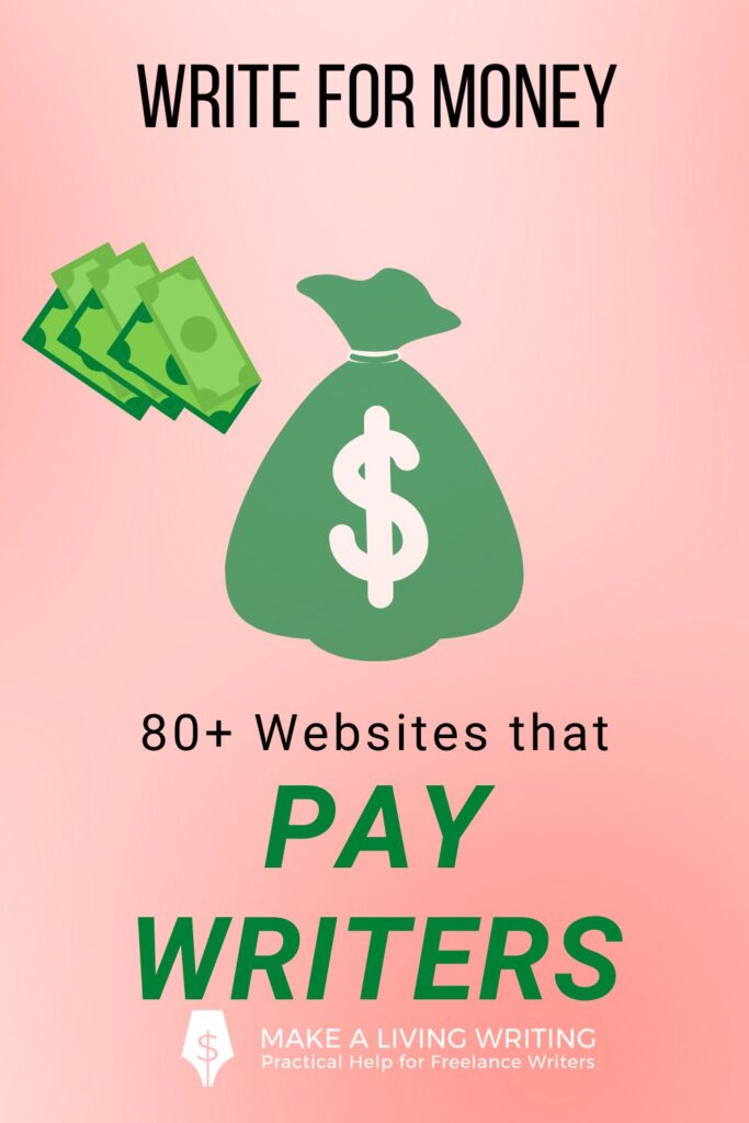 Vertical illustration that says write for money: 80+ websites that pay writers. There's a graphic of a bag of money and some green bills.