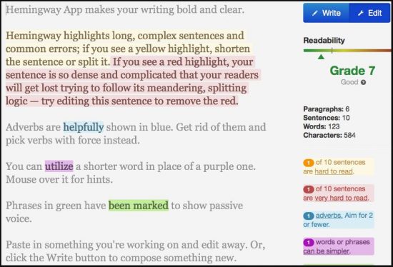 Hemingway app example screenshot for grammar correction tools