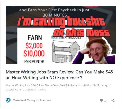Screenshot of Master Writing Jobs google result for Job Scam Review search reading overlay text "I'm calling bullshit on this mess" with image of smiling willie wonka headshot