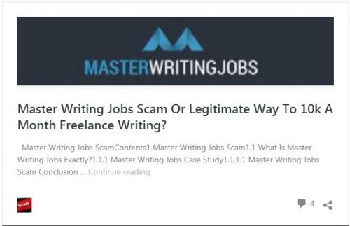 Master Writing Jobs screenshot article title reading "Master Writing Jobs Scam or Legitimate Way to 10k a month freelance writing?"