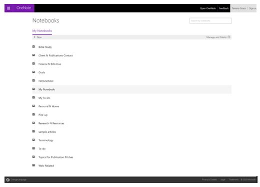 Example of OneNote Notebooks screen