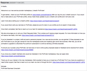 LinkedIn ProFinder acceptance email