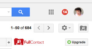 Screenshot example of Fullcontact icon location on Gmail page showing a red rolodex-card FullContact logo pop up over on the far right, near your own account graphicfind editors' emails