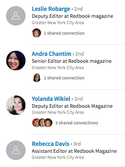 Screenshot of top 4 search result matches for Redbook magazine on LinkedIn