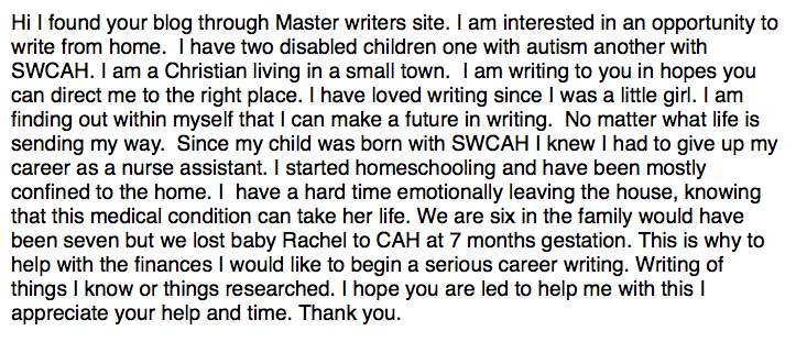 Screenshot of blogger submission for writer position with Writers Den found through Master Writers scam site.