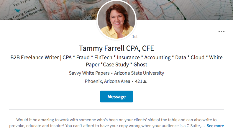 LinkedIn profile tips for freelancers - Tammy Farrell's summary