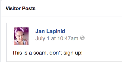 Visitor Post screenshot: Jan Lapinid comment reading "This is a scam, don't sign up!"