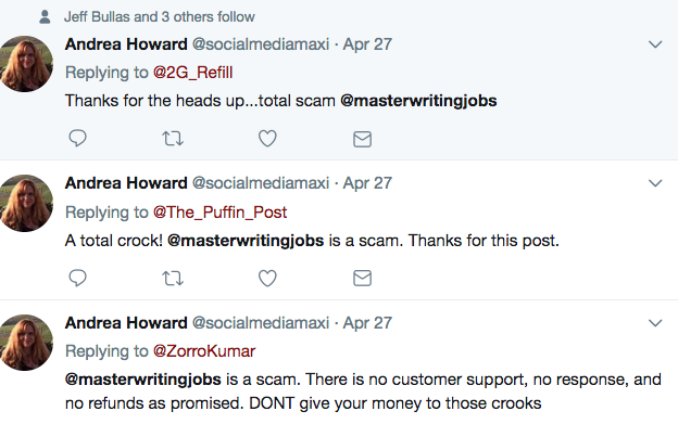 Screenshot of search results on twitter showing comments mentioning master writing jobs as a scam: web link https://twitter.com/socialmediamaxi/status/857710875582582788