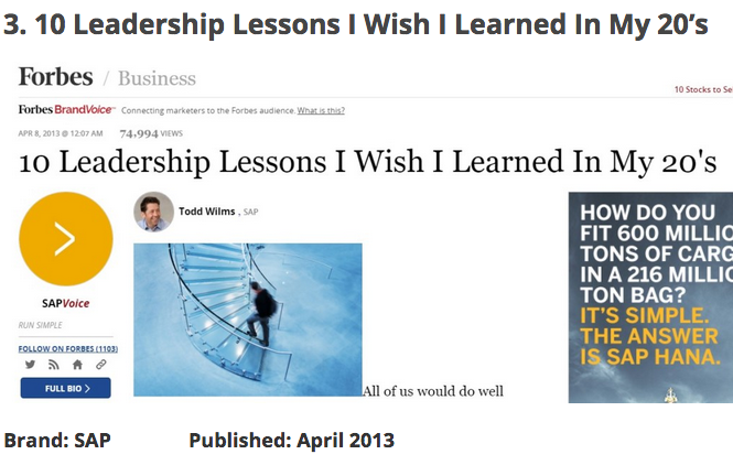 legitimate sponsored content example from Forbes reading 10 Leadership lessons i wish i learned in my 20's with clear identifier of sponsorship reading as Brand: SAP next to publish date. 