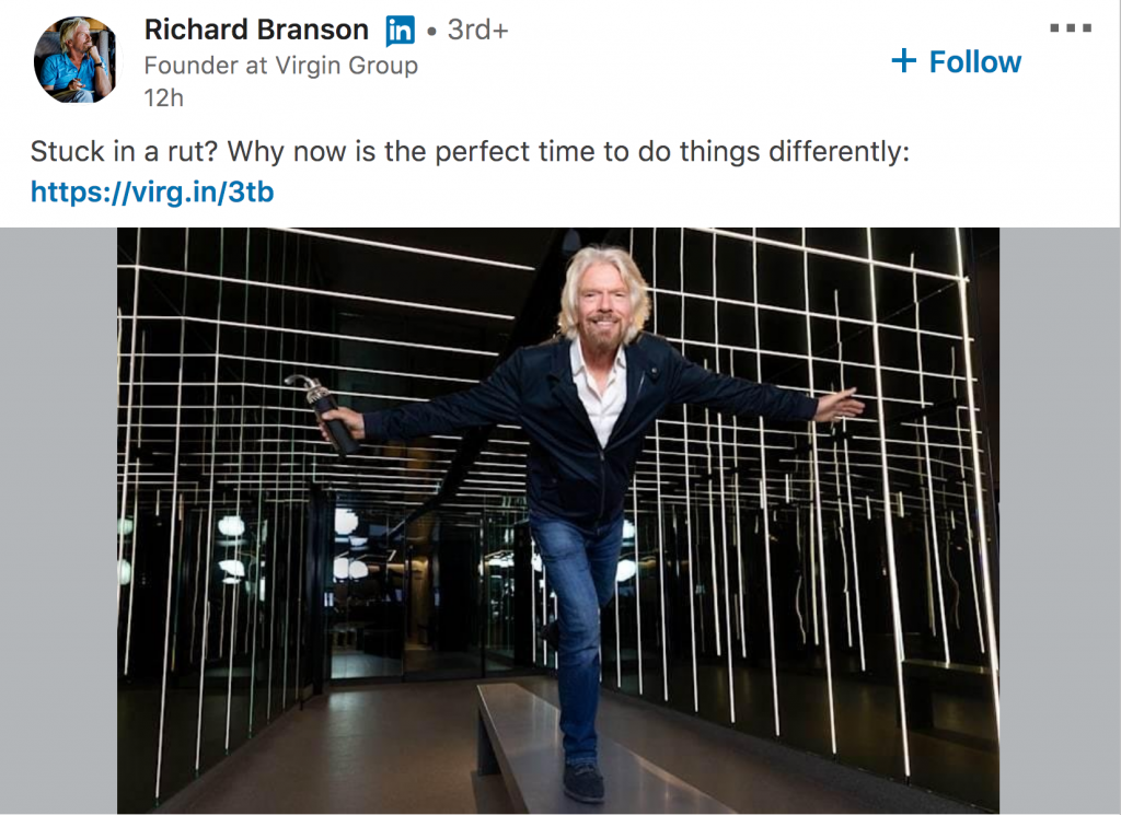 LinkedIn influencers: Richard Branson post on doing things differently
