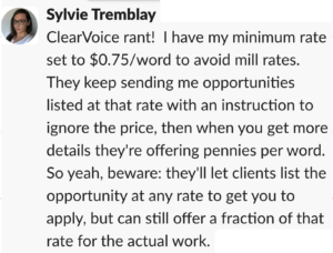 Text message about fake pricing from Sylvie Tremblay. This is an example to help make the point of the article that there are scams that target writers.