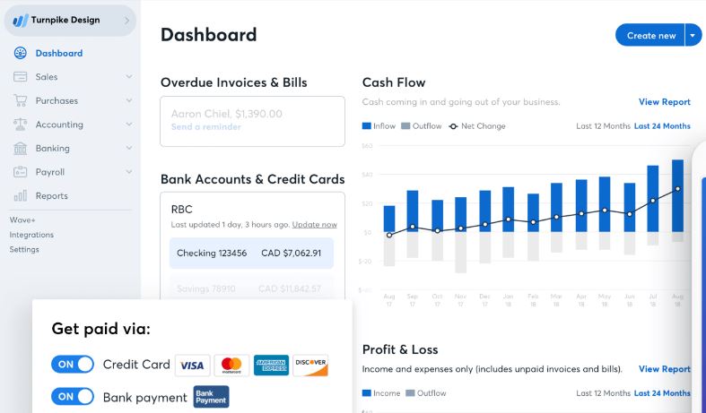 Example screenshot of Wave Financial Software's Dashboard and payment method options
