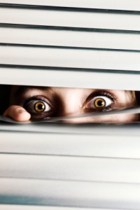 Scared writer peeks from blinds